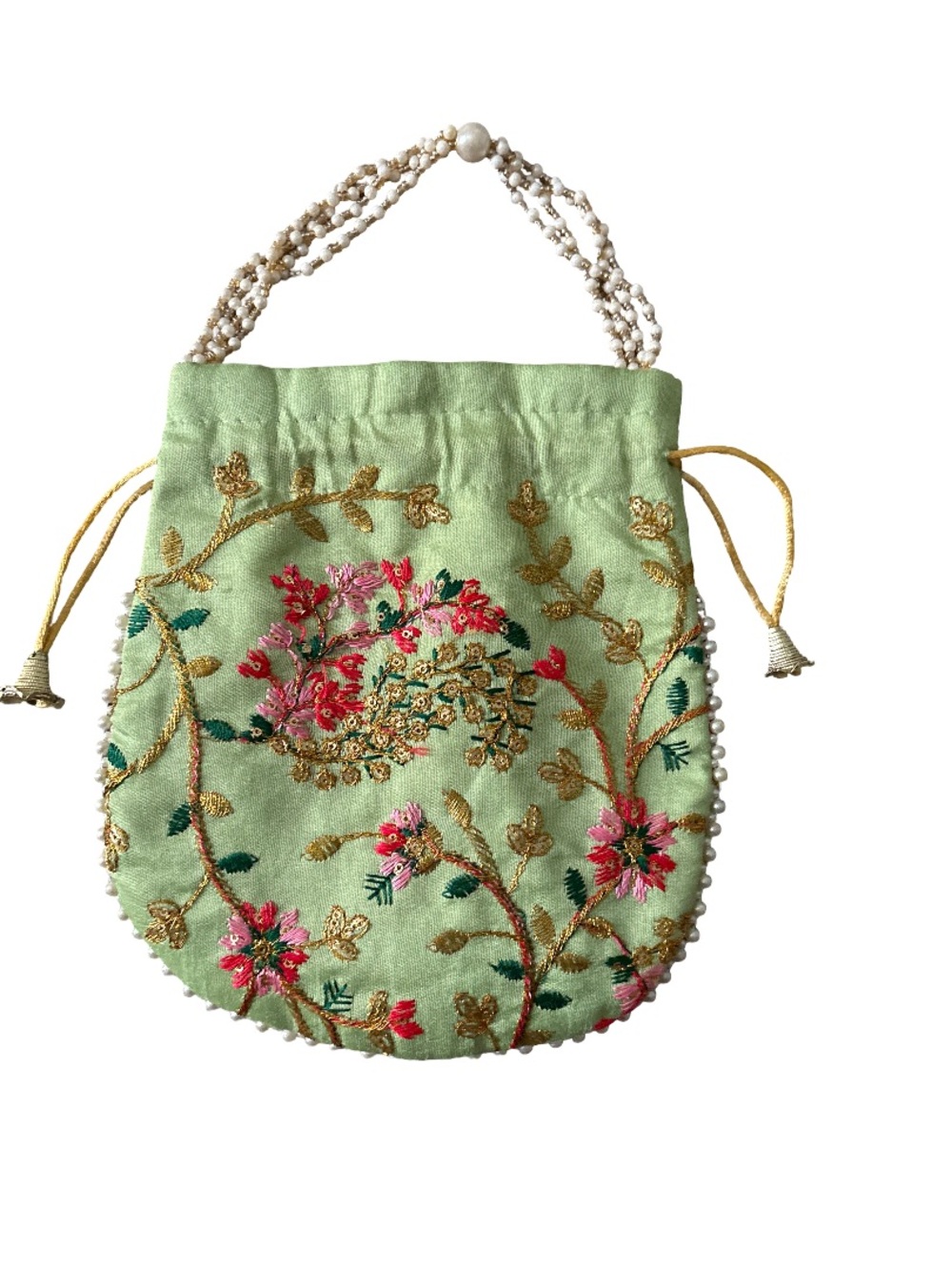 Mint Floral Embroidered Drawstring Wristlet